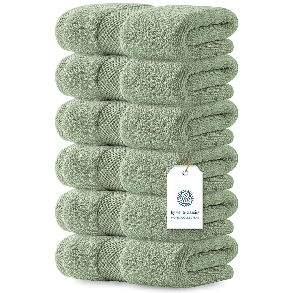 White Classic folded stack front view showing mint green towels and neat presentation benefit