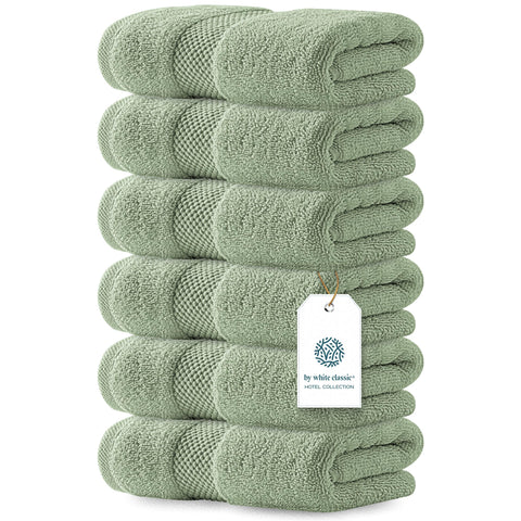 White Classic folded stack front view showing mint green towels and neat presentation benefit