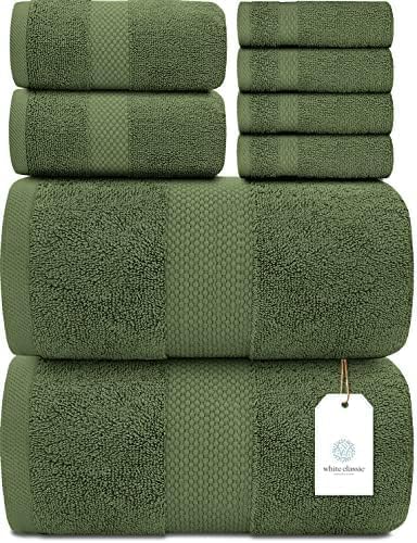 White Classic front view of set showing forest green towels and neat fold benefit