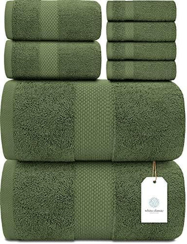 White Classic front view of set showing forest green towels and neat fold benefit