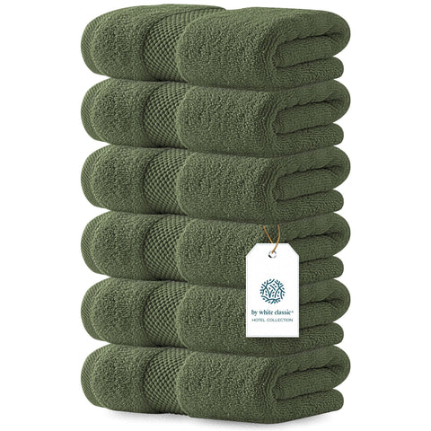 White Classic front view of forest green hand towel showing plush finish and color