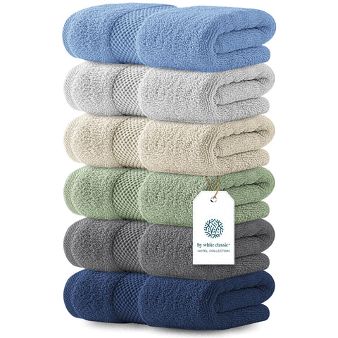 White Classic front folded stack showing multicolor towels and soft texture for fast-drying