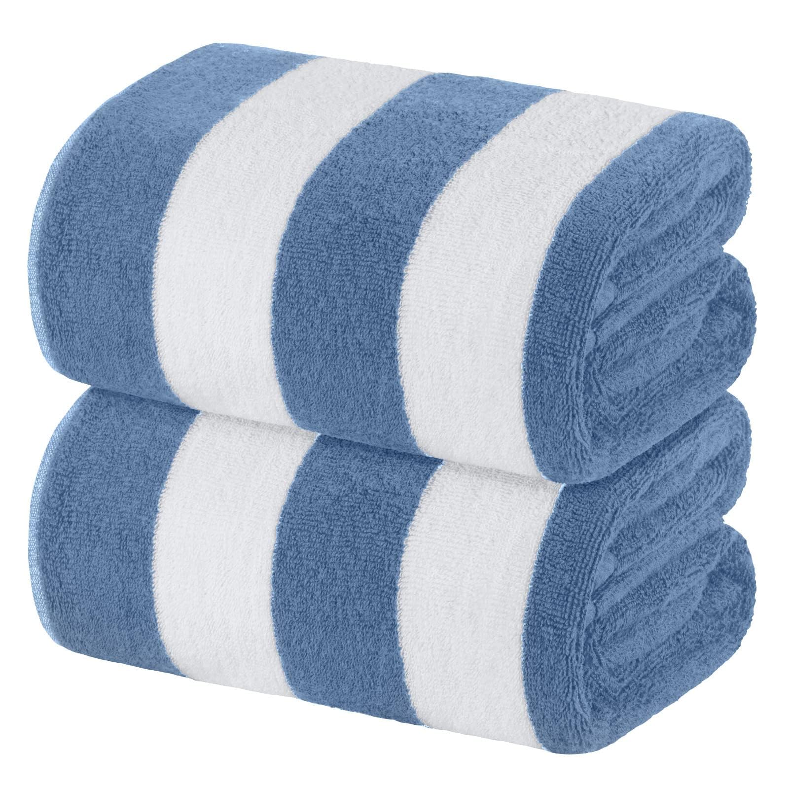 White Classic front folded light blue cabana towel showing neat packaging and elegant stripes
