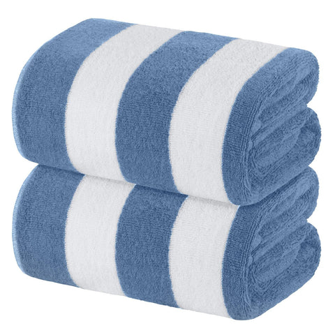 White Classic front folded light blue cabana towel showing neat packaging and elegant stripes
