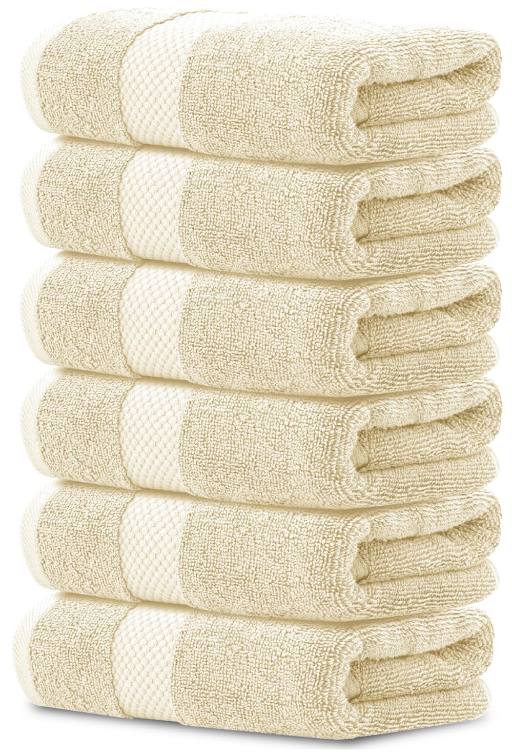 White Classic front view of six beige hand towels showing neat fold and appeal