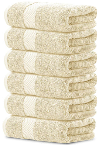 White Classic front view of six beige hand towels showing neat fold and appeal
