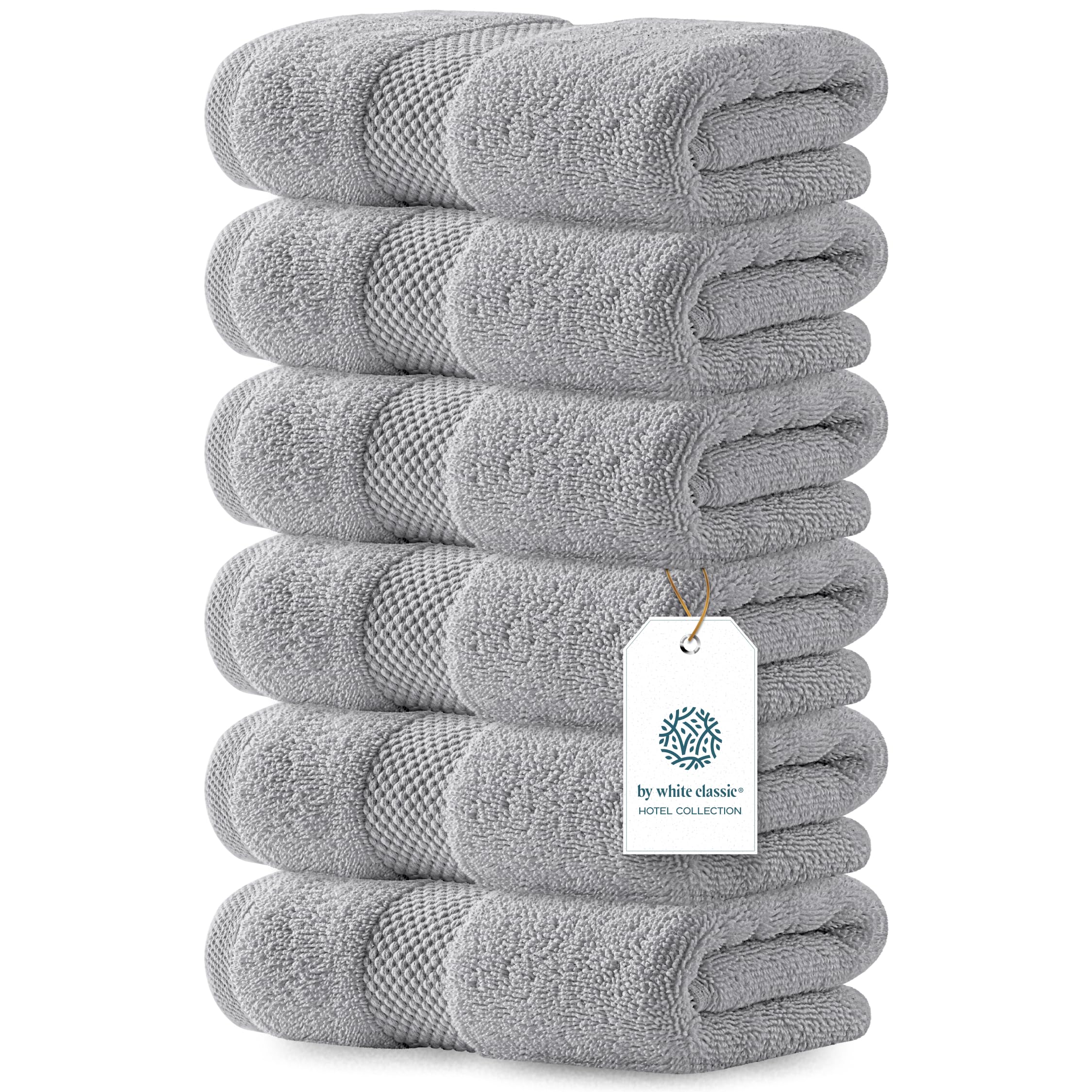 White Classic front view of Dolphin Gray towel set showing color and packaging benefit