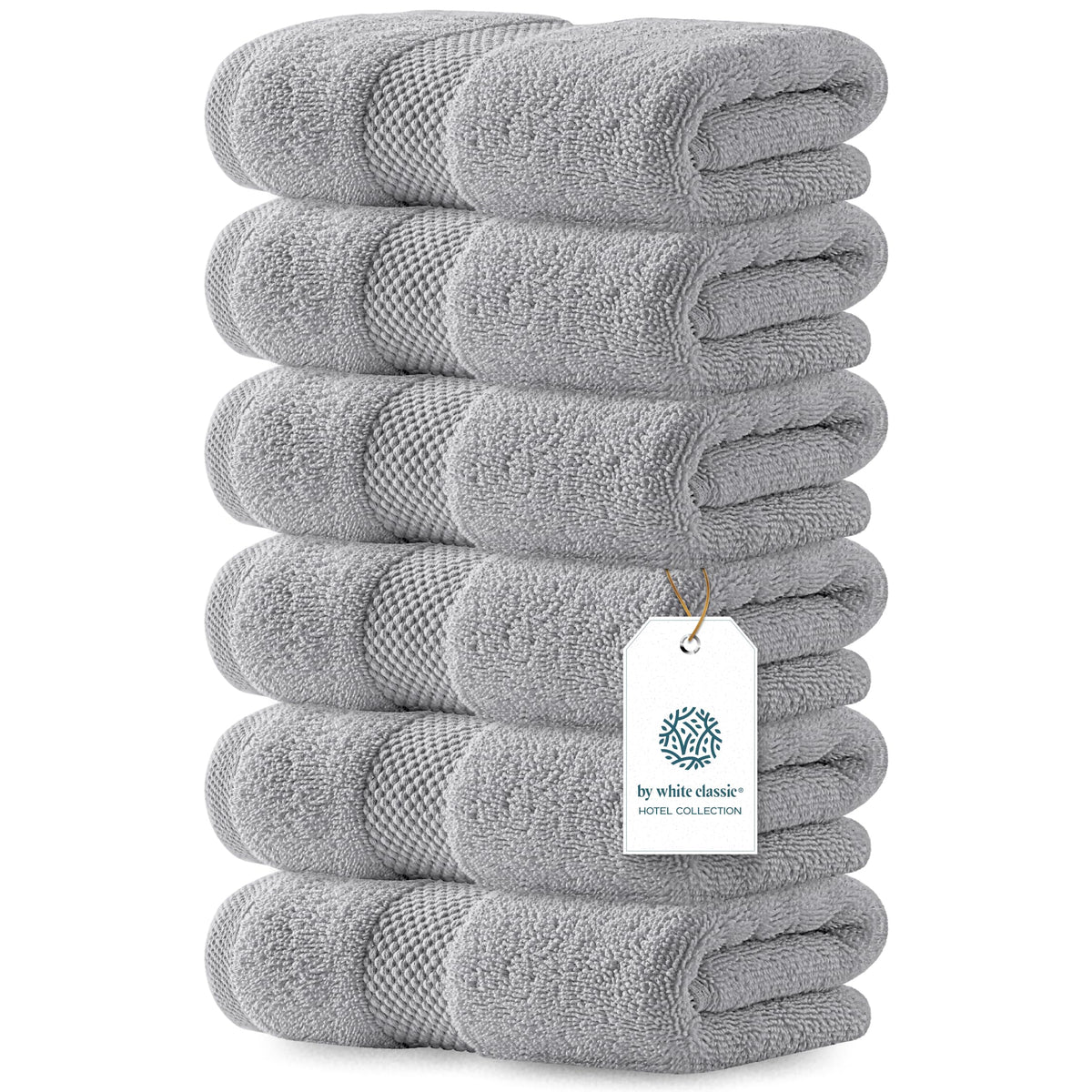 White Classic front view of Dolphin Gray towel set showing color and packaging benefit