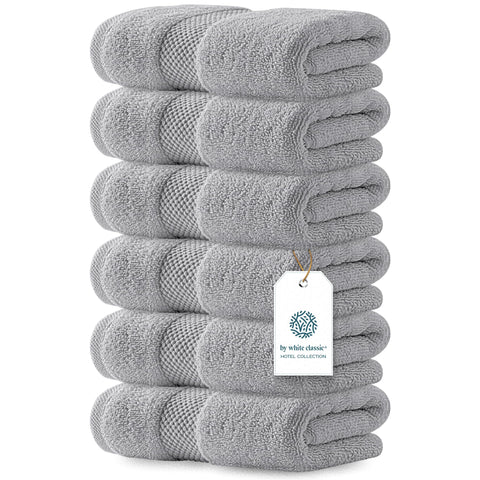 White Classic front view of Dolphin Gray towel set showing color and packaging benefit