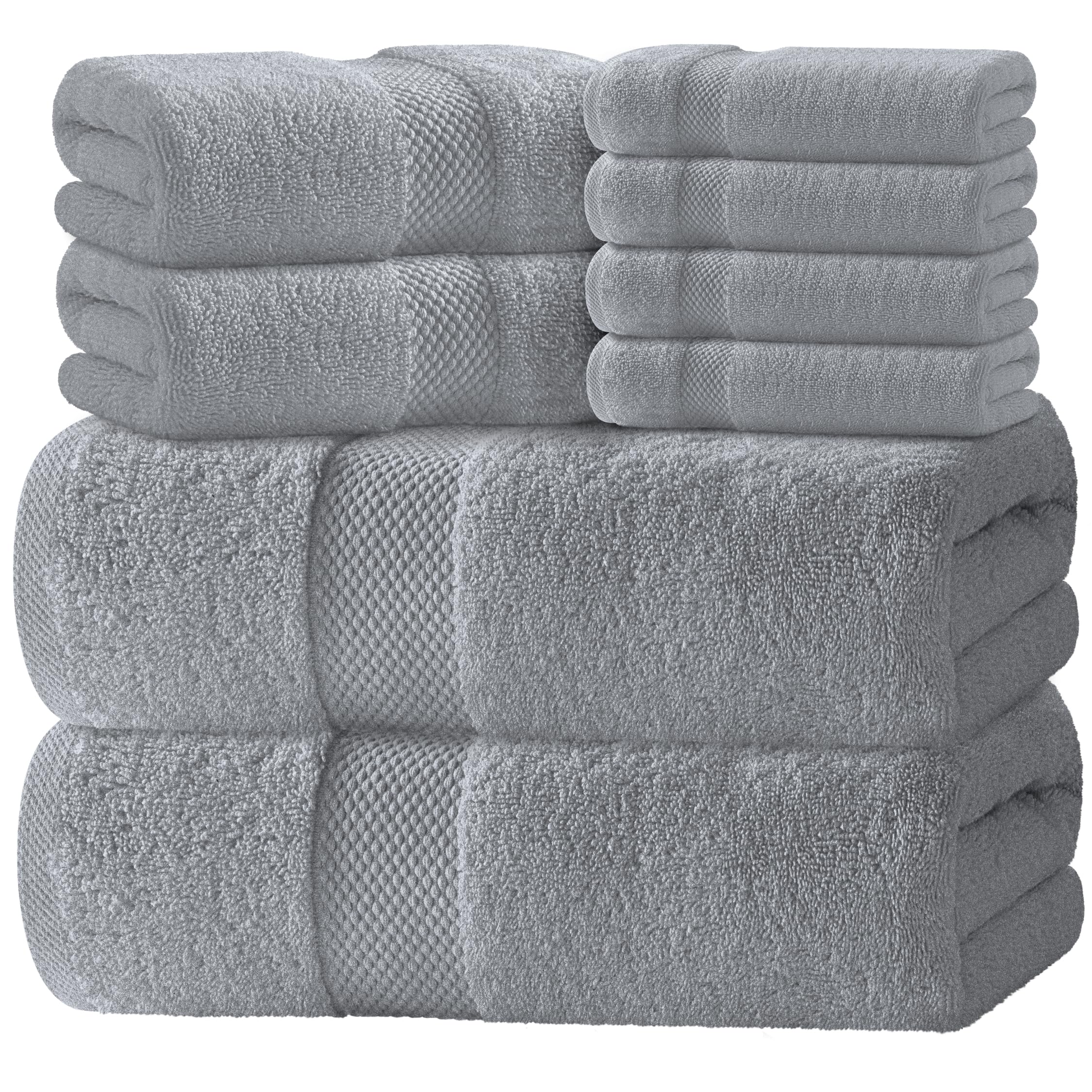 white classic front view of 8-piece set showing neat stacked towels and color