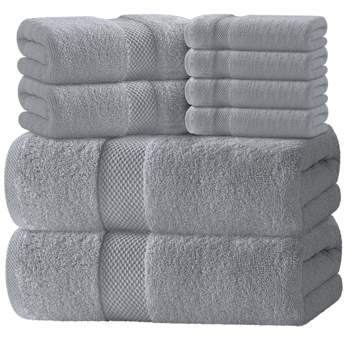 white classic front view of 8-piece set showing neat stacked towels and color