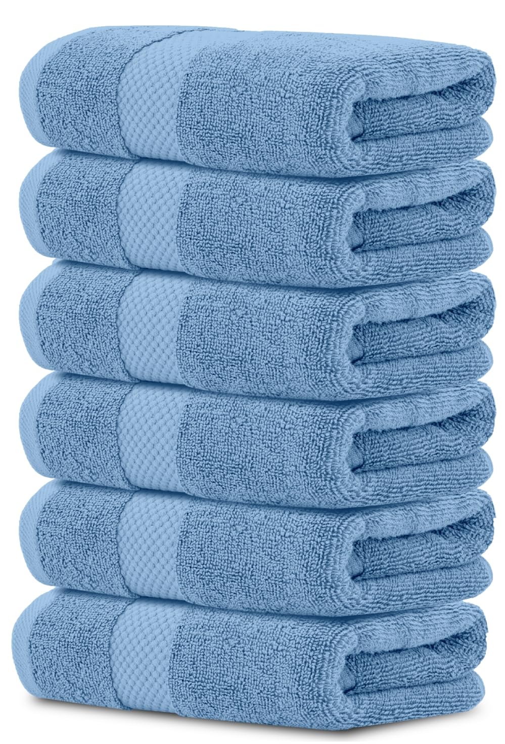 White Classic front view of six light blue hand towels showing soft hotel look