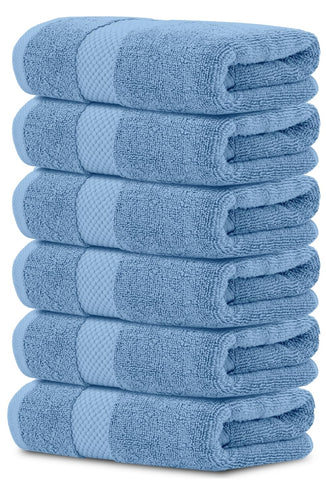 White Classic front view of six light blue hand towels showing soft hotel look
