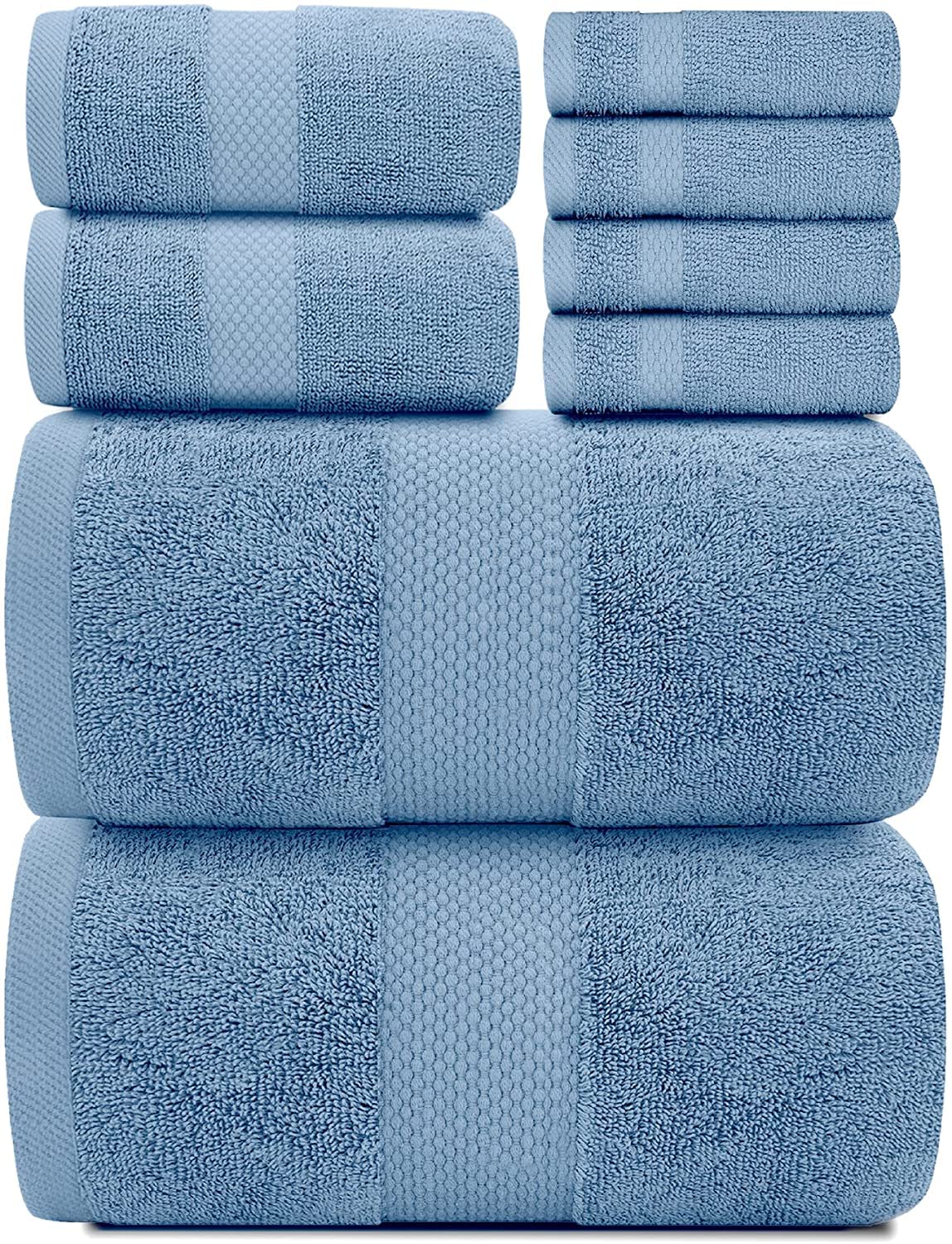 White Classic front view showing light-blue towel set and packaging benefits softness