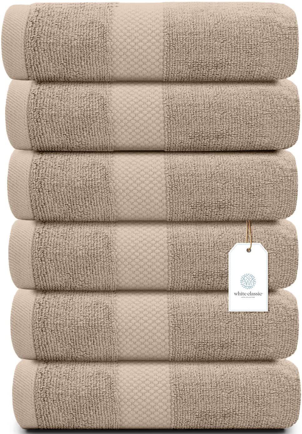 White Classic front packaging showing six taupe hand towels and brand