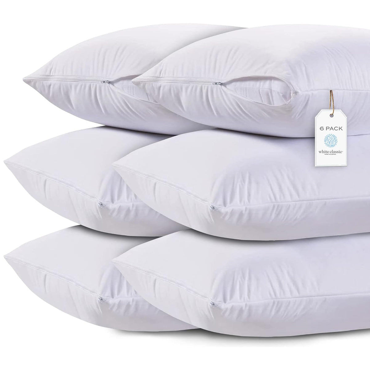 White Classic front packaging showing six zippered pillow protectors and clear labeling for convenience