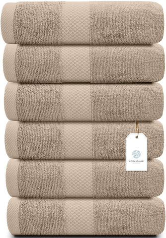 White Classic front packaging showing six taupe hand towels and brand