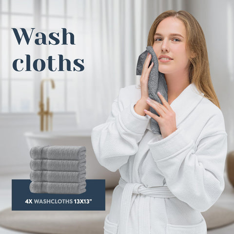 white classic towels styled in bathroom showing spa-like appearance and easy care