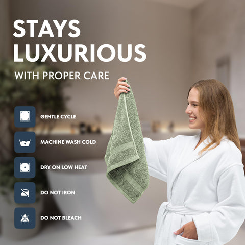 White Classic towel beside hand showing 16x30 inch scale for accurate sizing benefit