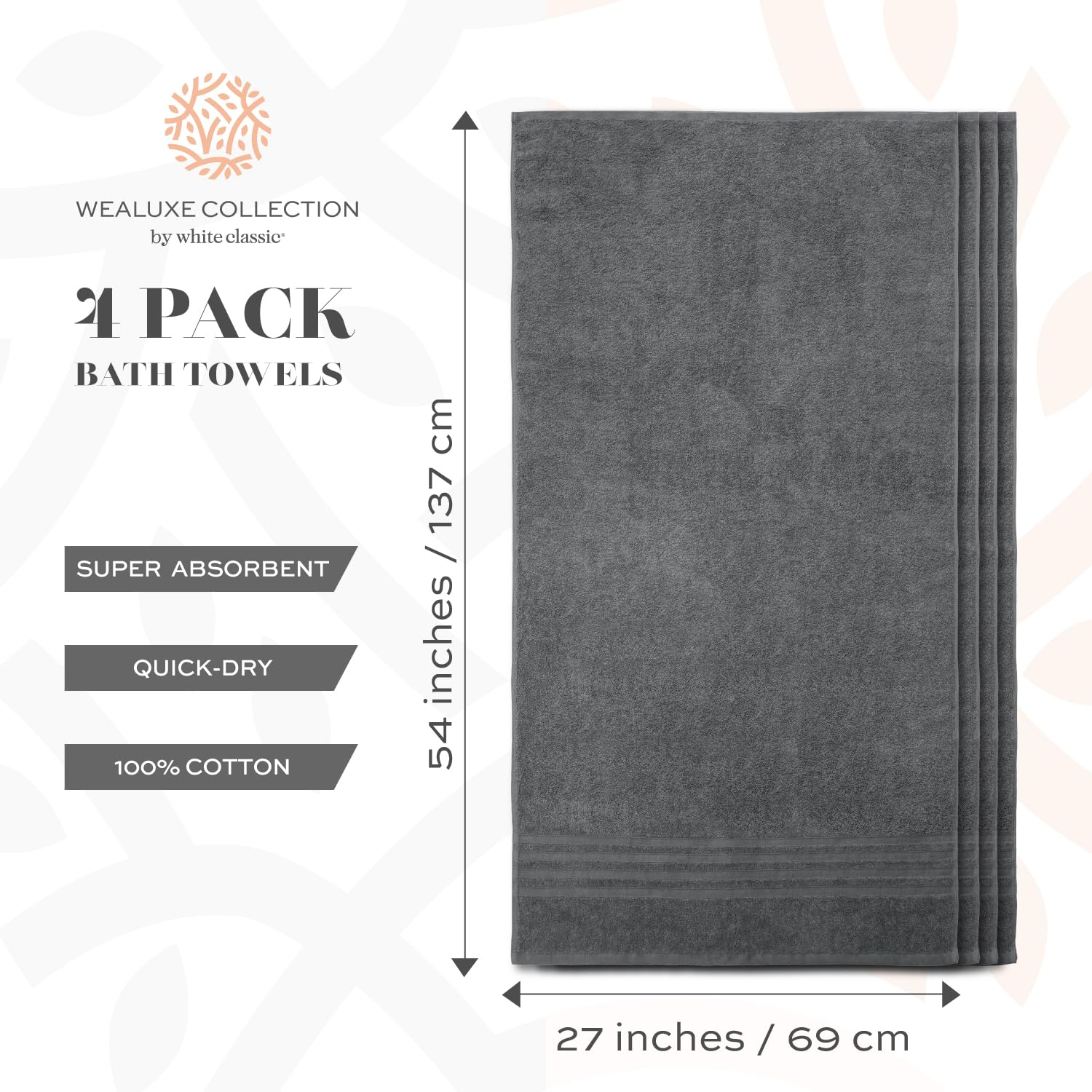 White Classic folded stack of four grey towels showing coordinated set convenience