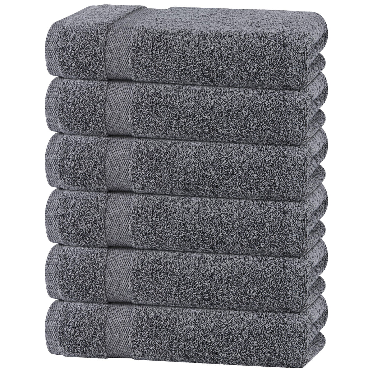 White Classic front view of six grey towels showing tidy packaging and value
