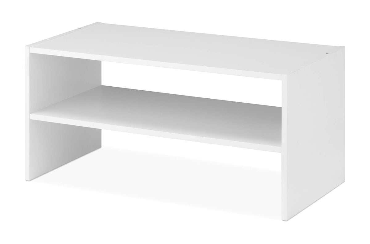 Whitmor front view showing two-shelf shoe rack organizing shoes and saving space