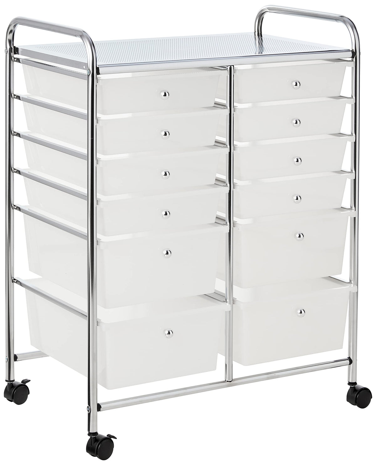 Whitmor chrome top front view showing sturdy workspace and organized drawers benefit