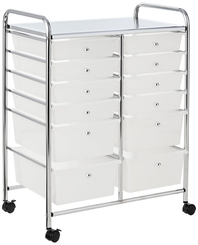 Whitmor chrome top front view showing sturdy workspace and organized drawers benefit