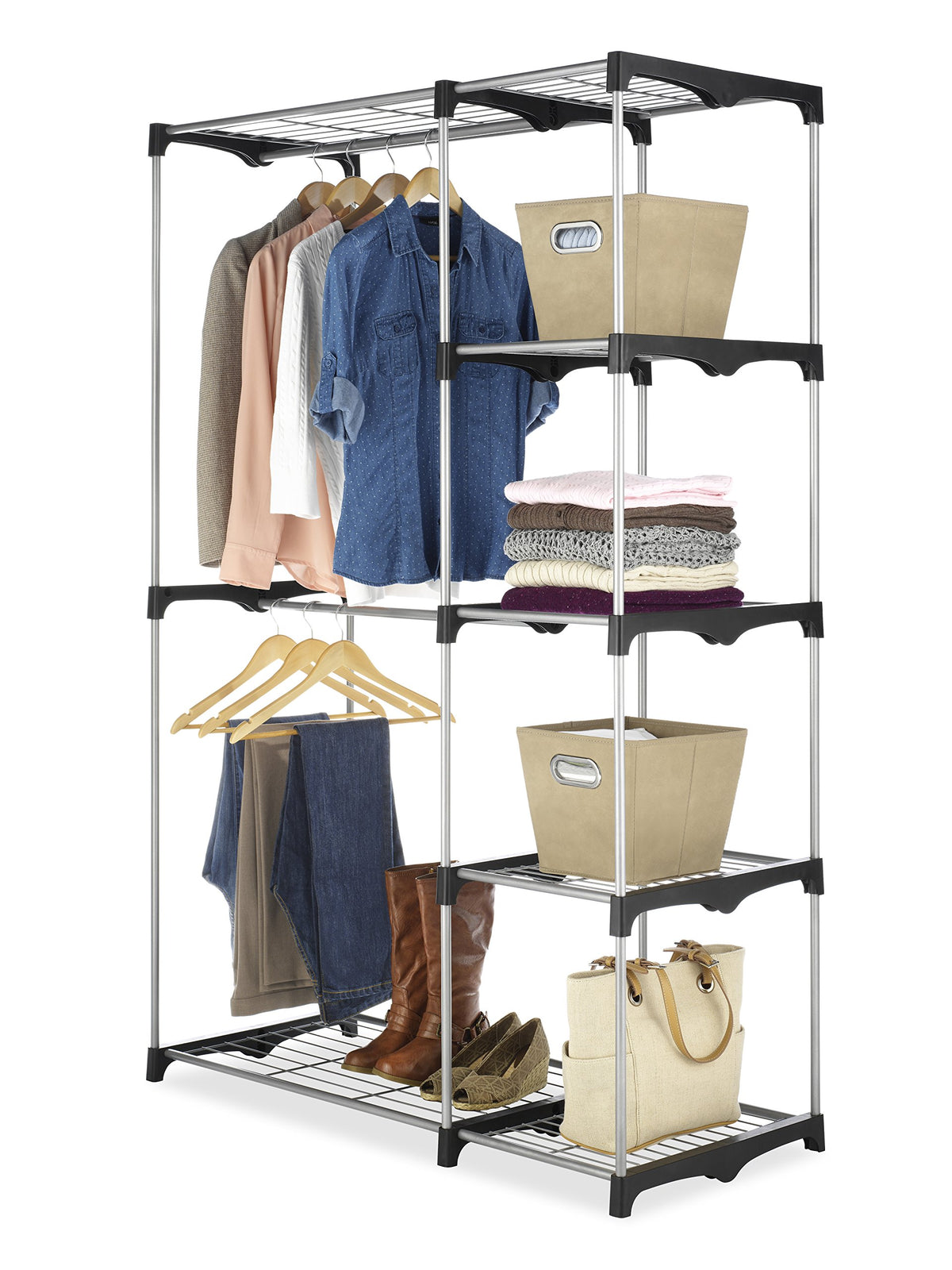 Whitmor front view of freestanding closet showing organization benefit