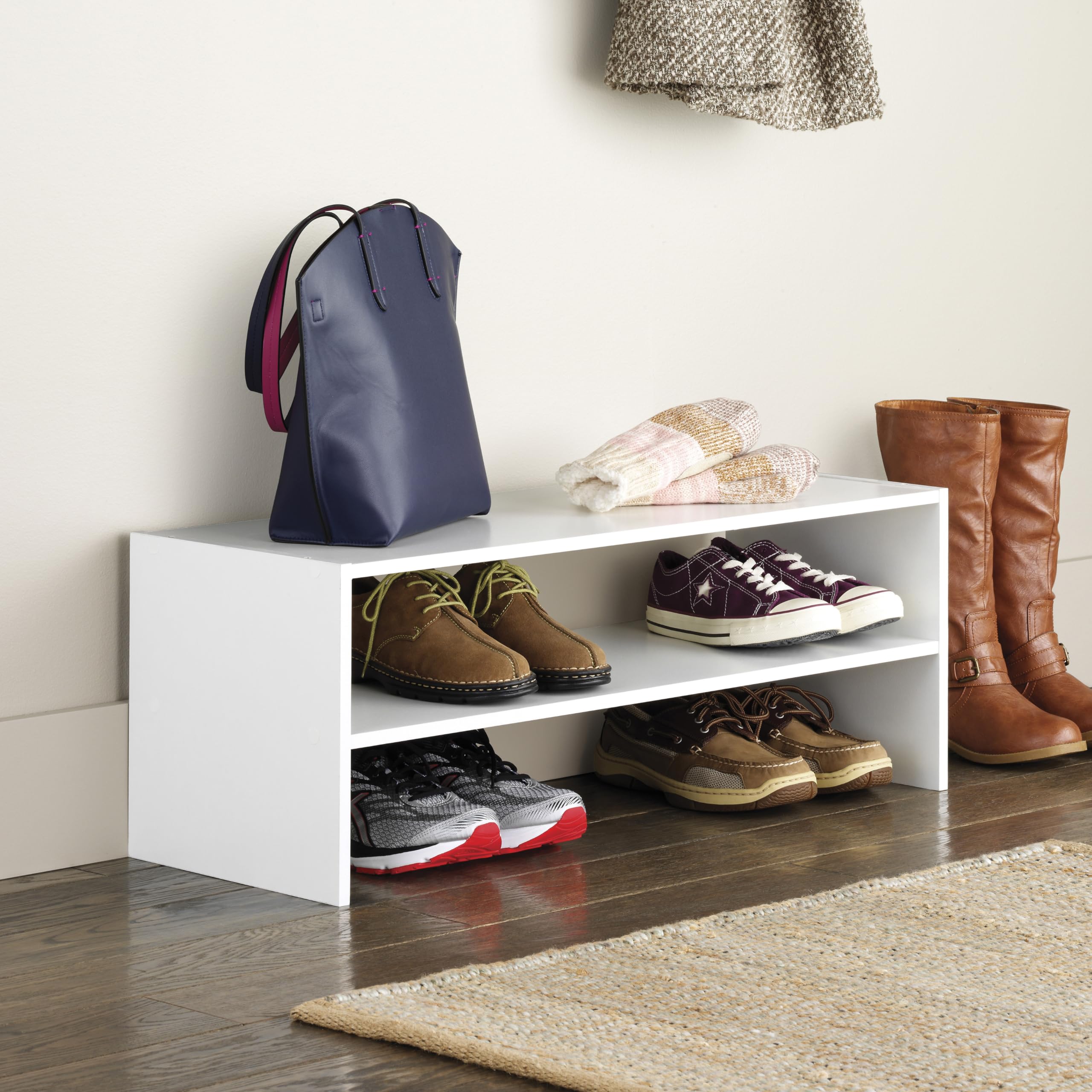 Whitmor organizer in entryway lifestyle scene showing neat, accessible storage benefit