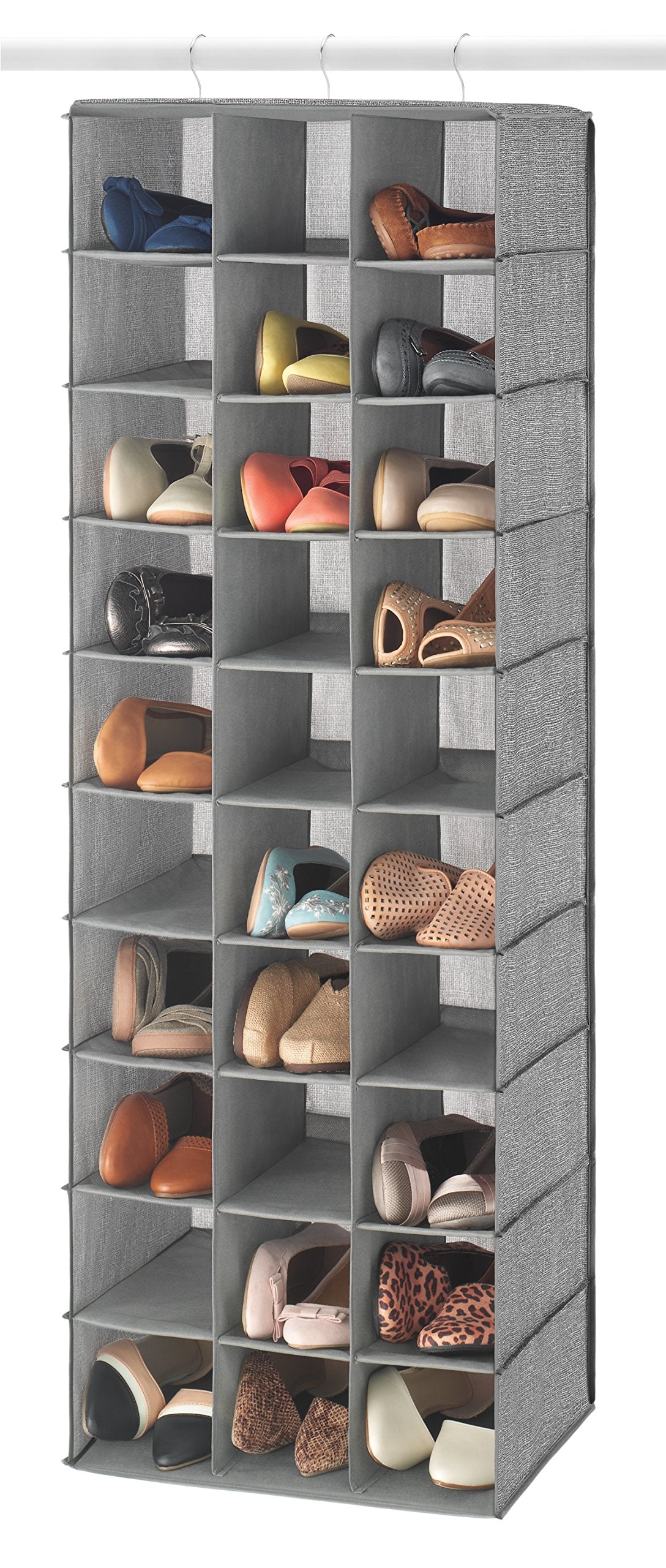 Whitmor front view hanging organizer showing neat shoe storage and space-saving benefit