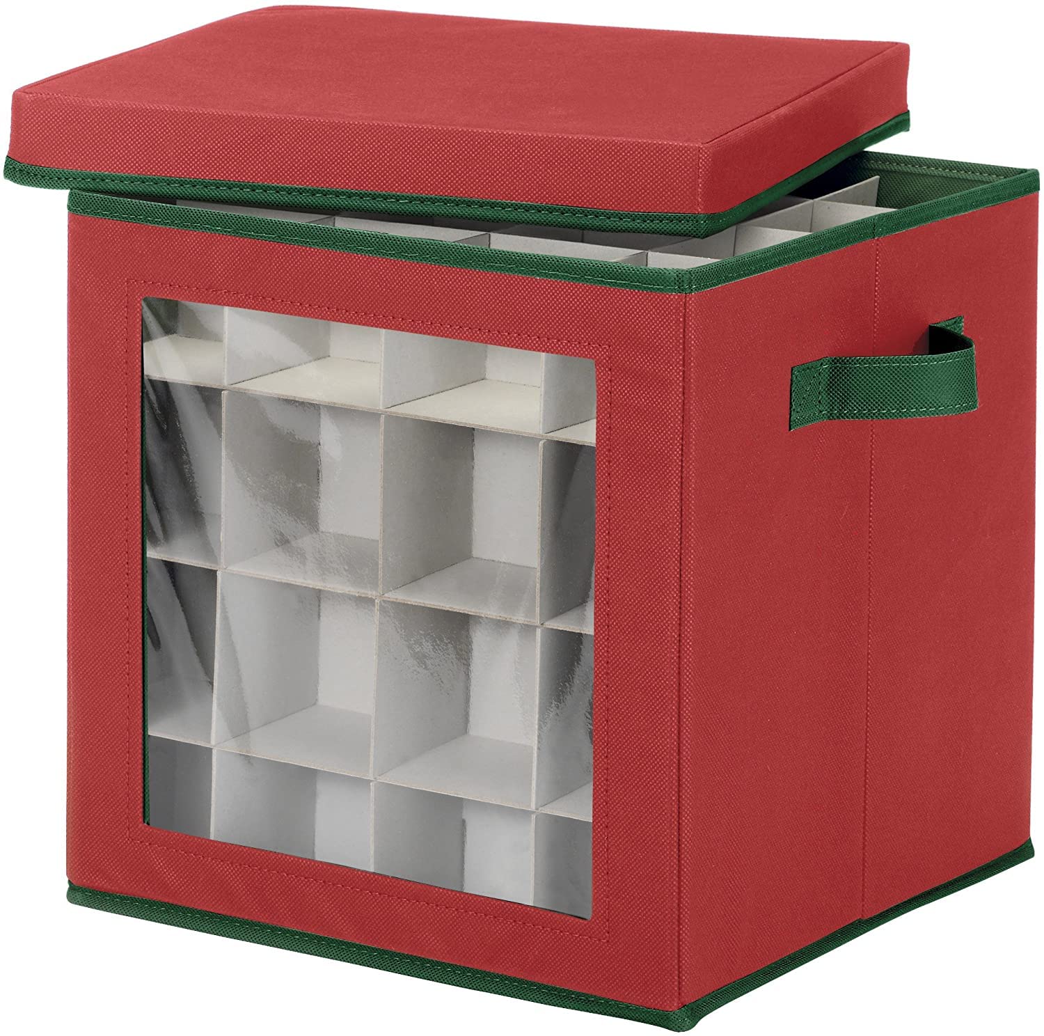 Whitmor red fabric cube front view showing handles and green trim for easy transport