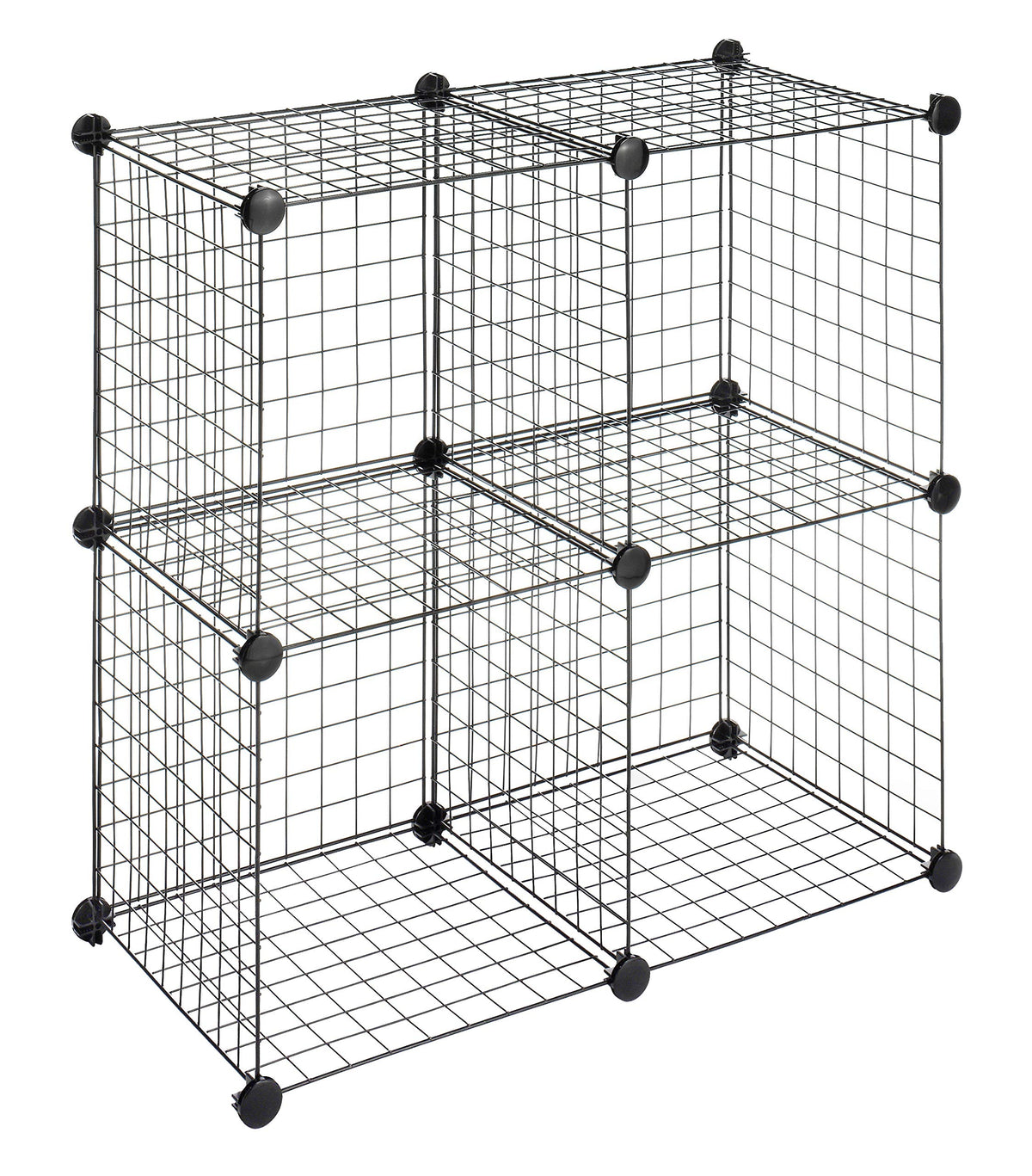 Whitmor front view of four assembled black cubes showing tidy storage benefits