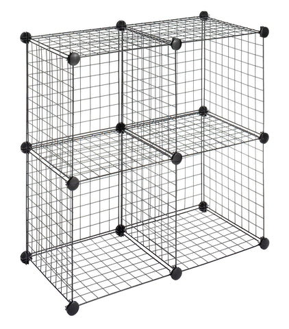 Whitmor front view of four assembled black cubes showing tidy storage benefits