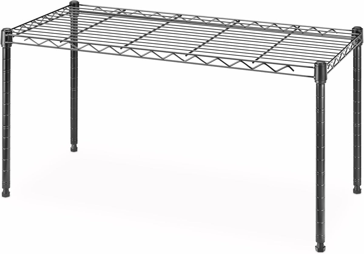 Whitmor front view of wire shelf showing compact footprint and sturdy frame benefit organization