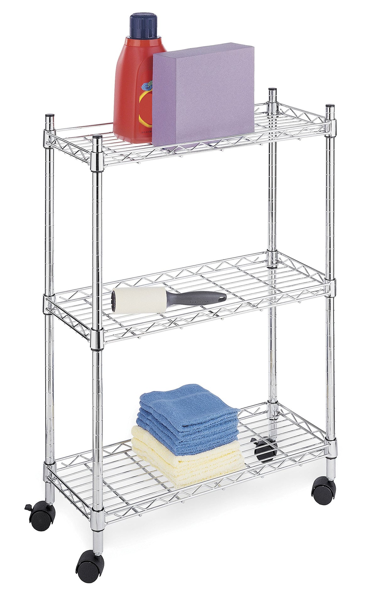 Whitmor front view of chrome shelving unit showing sturdy multi-tier storage and space-saving design
