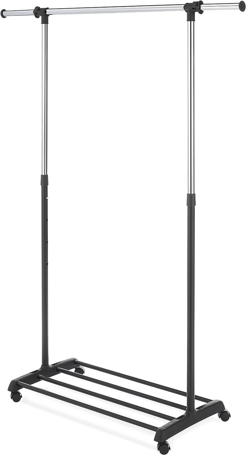 Whitmor front view of rack showing full-width hanging and sleek finish benefits organization