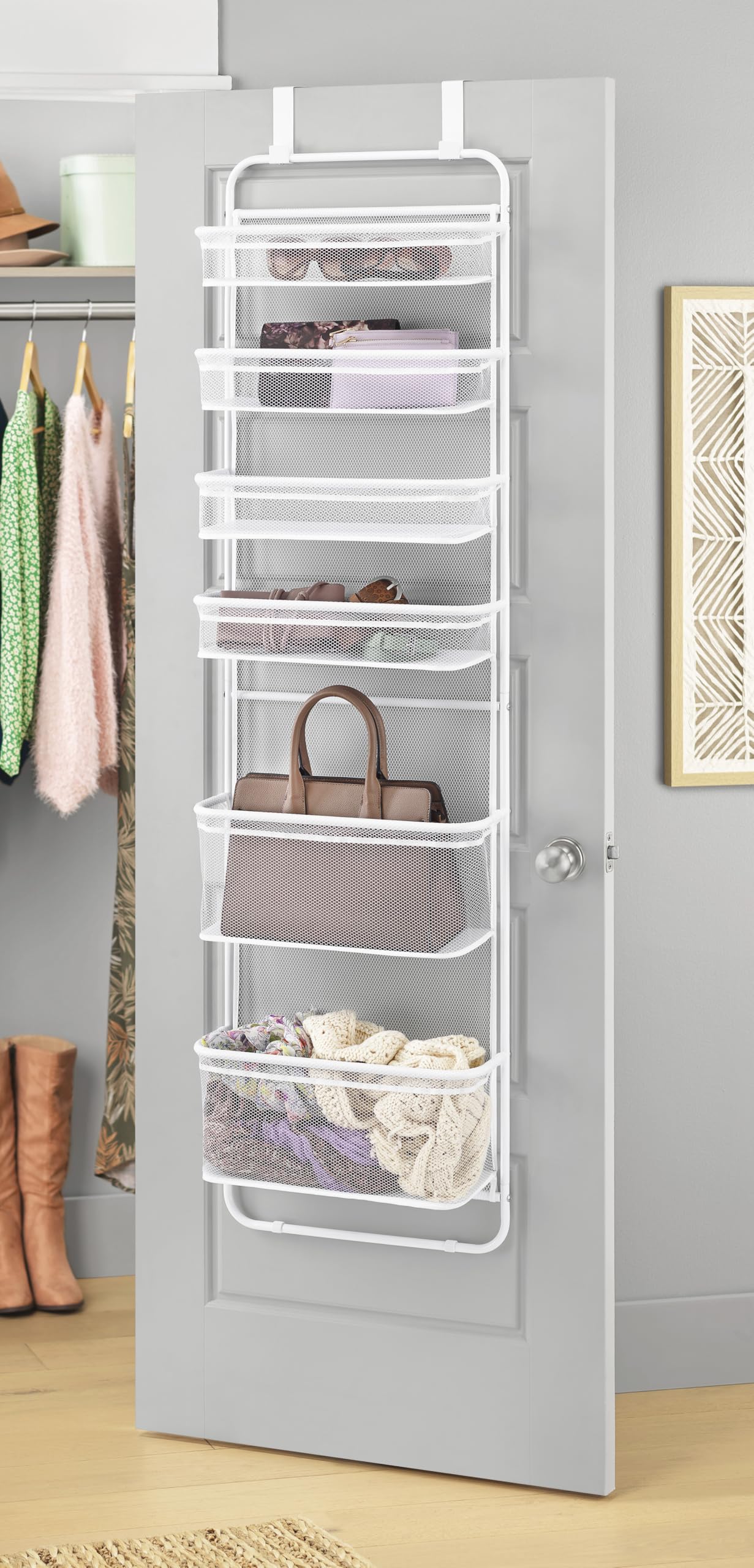 Whitmor front view of six-tier hanging organizer shows accessible storage