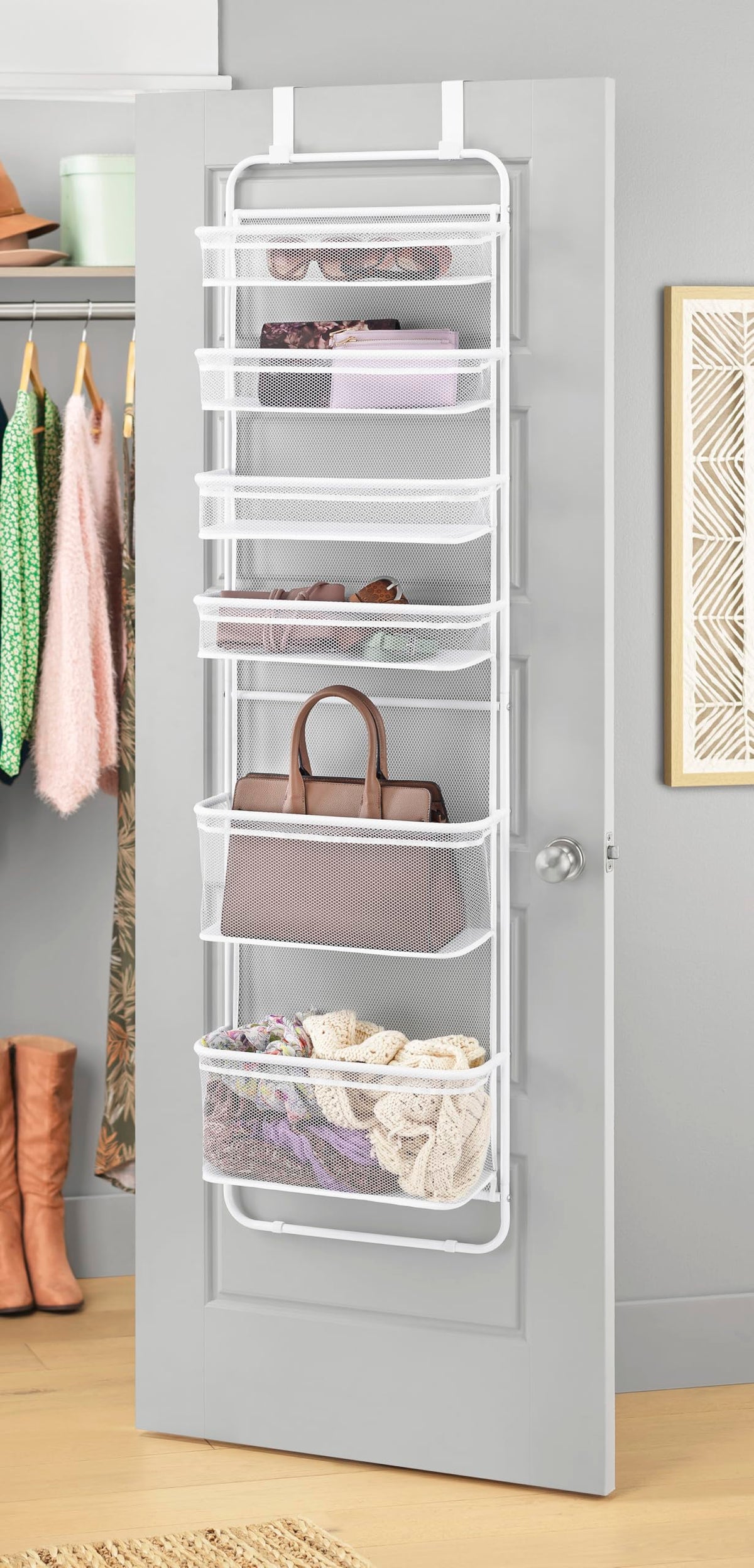 Whitmor front view of six-tier hanging organizer shows accessible storage
