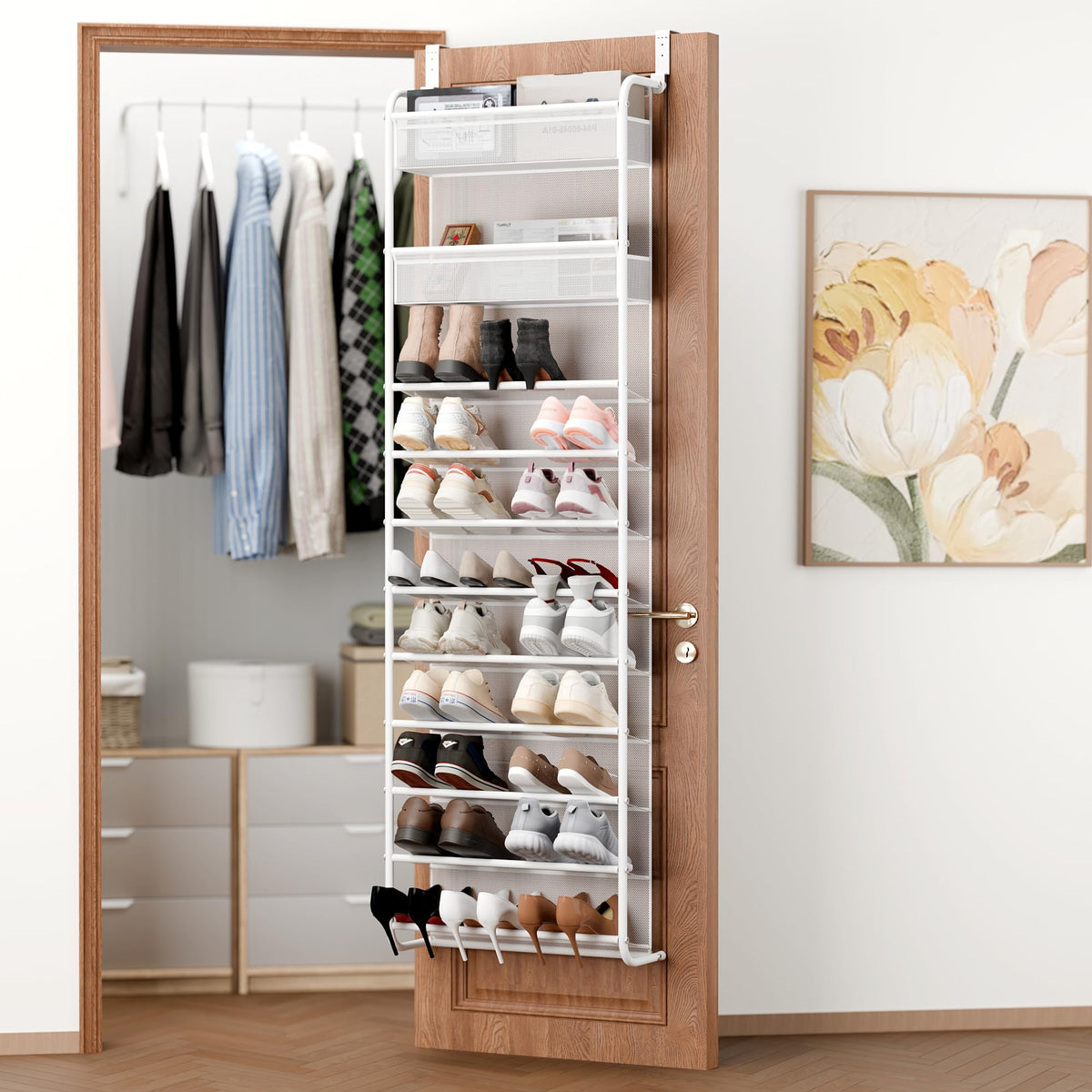 Whitmor front view over-the-door shoe organizer showing space-saving design