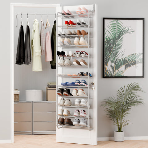 Whitmor front view over-the-door shoe organizer shows tidy shoe storage benefit