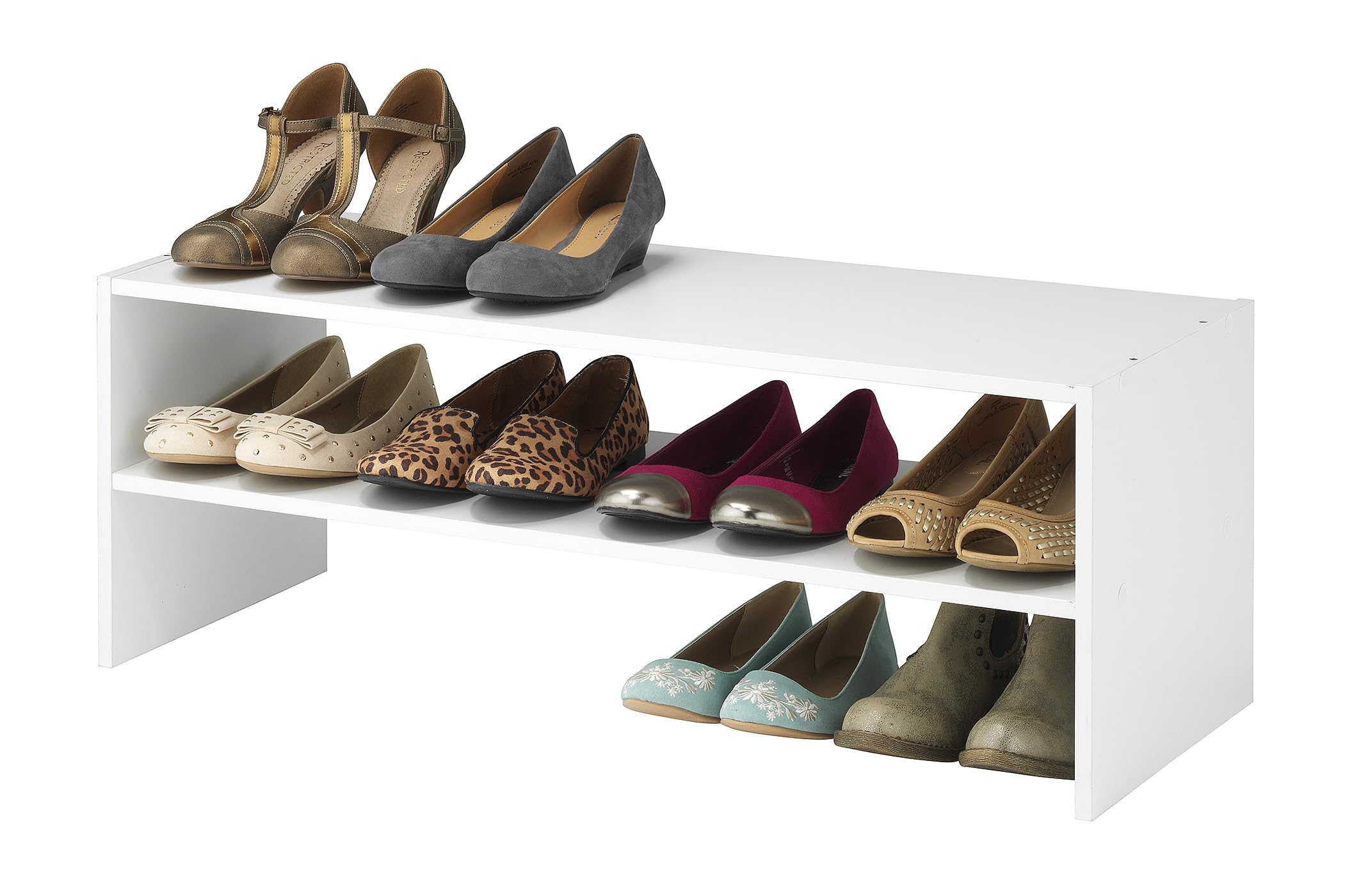 Whitmor front view of the white two-shelf rack showing neat shoe storage benefit