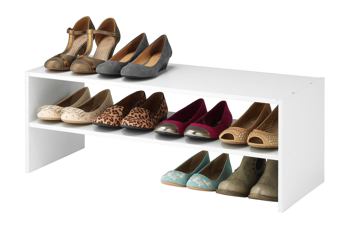 Whitmor front view of the white two-shelf rack showing neat shoe storage benefit