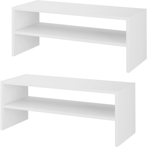 Whitmor front view of two white stackable racks showing organized shoes and tidy storage benefit