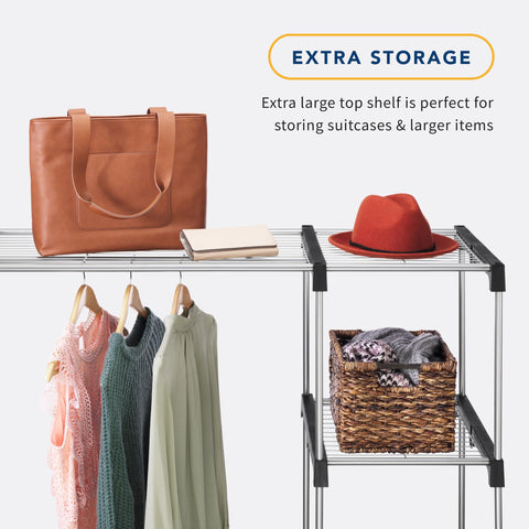 Whitmor detail of double hanging rods showing flexible storage benefit