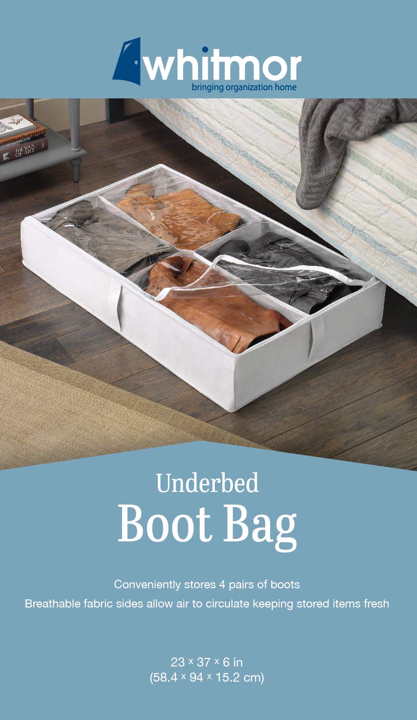 Whitmor boot bag in use under bed showing low profile saves space and reduces clutter benefit