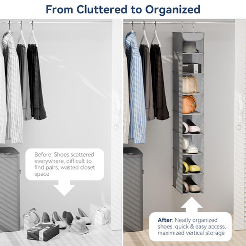 Whitmor lifestyle shot in bedroom closet showing tidy, accessible storage benefit