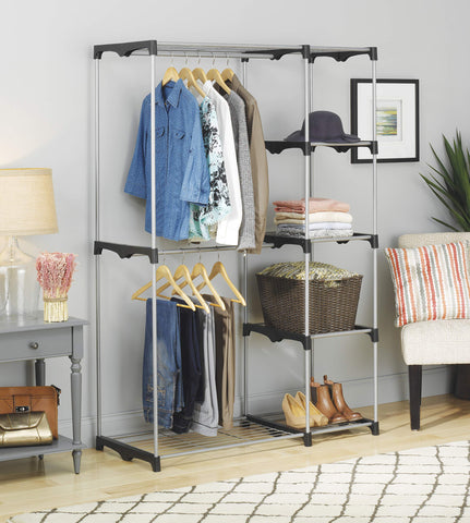 Whitmor shelving arranged with baskets and shoes showing tidy storage benefit