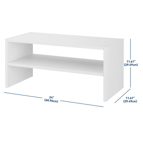 Whitmor shoe rack placed in closet organizing shoes and folded sweaters efficiently