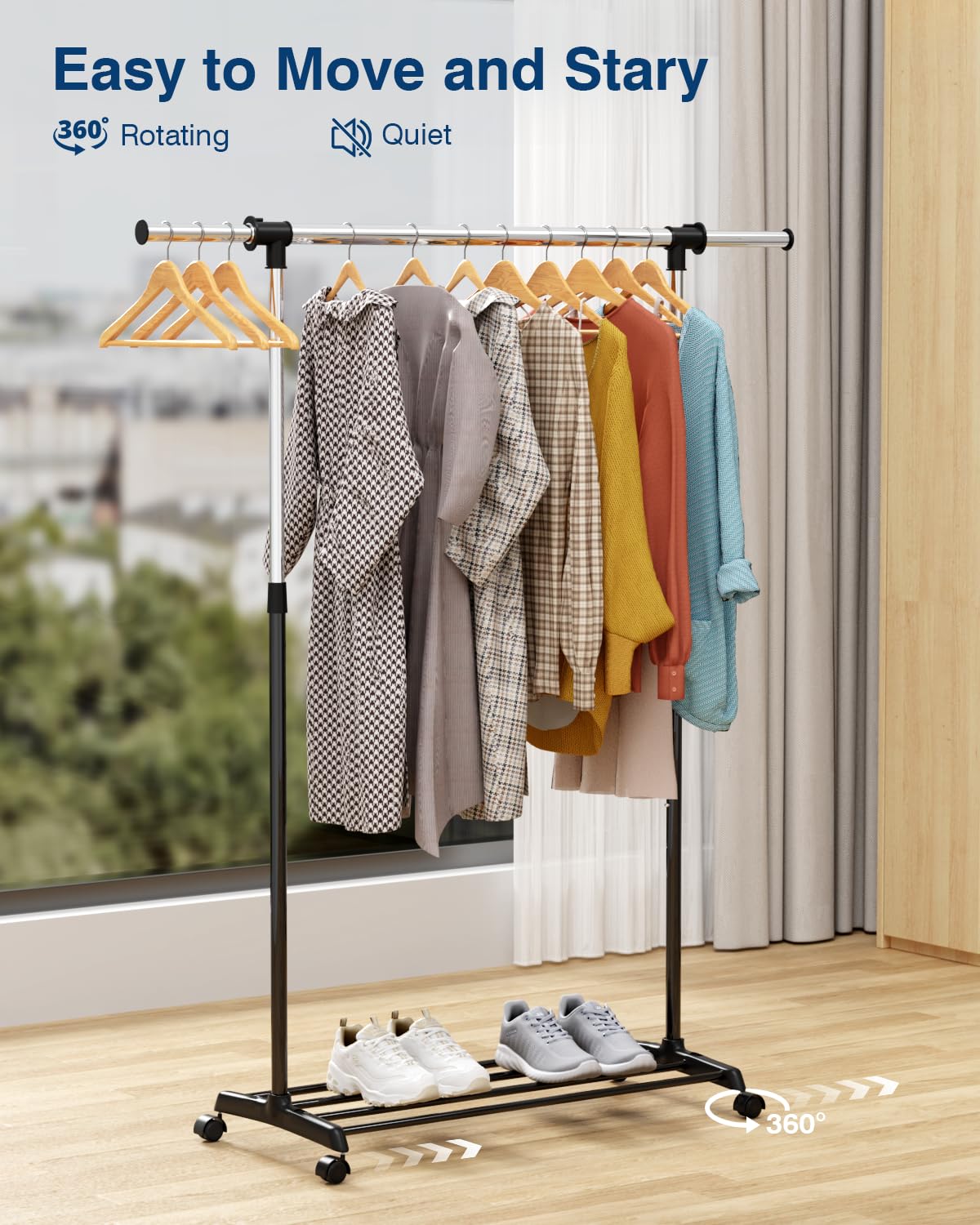 Whitmor lower bars holding shoes demonstrating extra storage and floor clearance